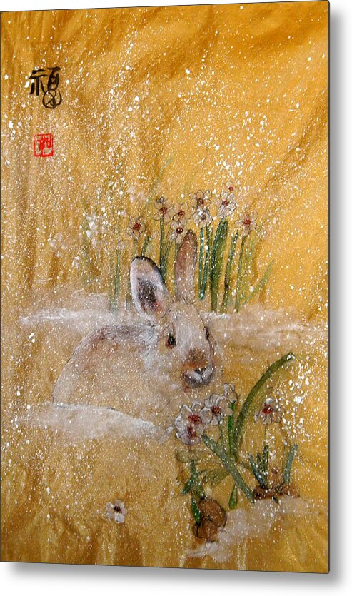 Winter. Snow. Rabbit. Beginning Spring. Flowers. Narcissus. Metal Print featuring the painting Jackies New Year Rabbit by Debbi Saccomanno Chan