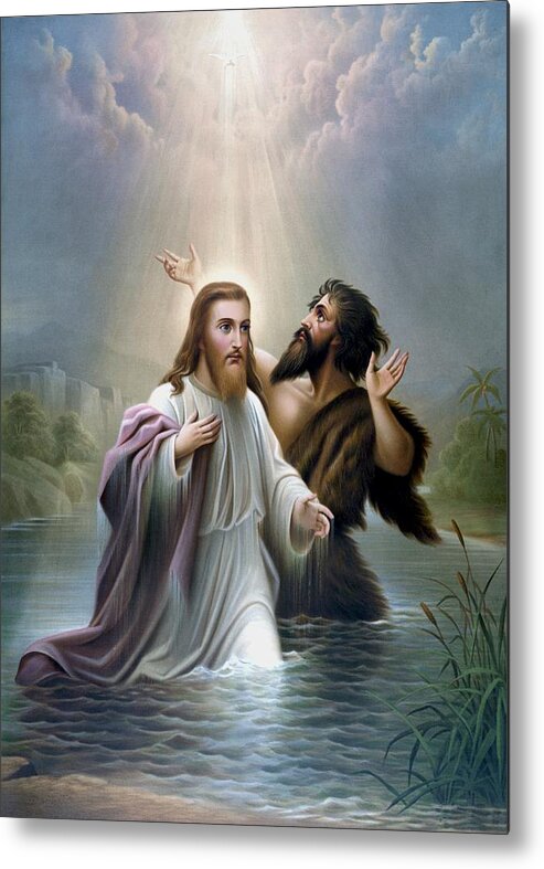 Jesus Metal Print featuring the painting John the Baptist baptizes Jesus Christ by War Is Hell Store
