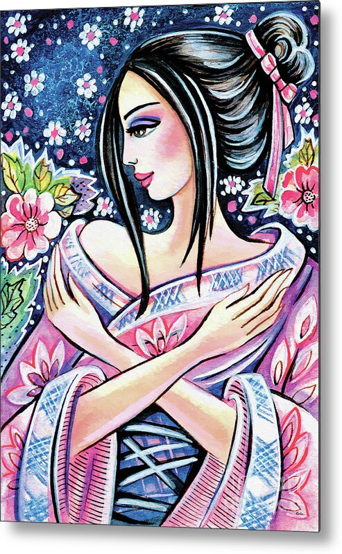 Kimono Woman Metal Print featuring the painting Kimono Flower by Eva Campbell