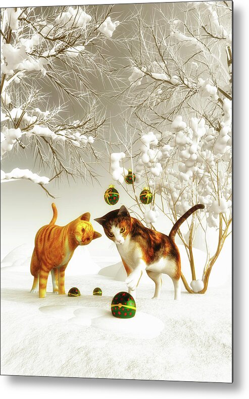 Cat Metal Print featuring the painting Kittens at Christmas by Jan Keteleer