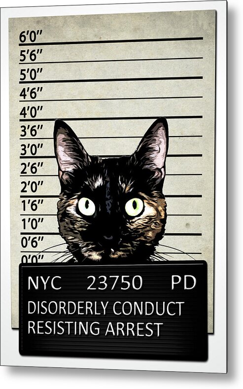 Cat Kitty Kittycat Feline Animal Criminal Mugshot Jail Prison Arrest Arrested Humor Funny Cute Pet Metal Print featuring the mixed media Kitty Mugshot by Nicklas Gustafsson