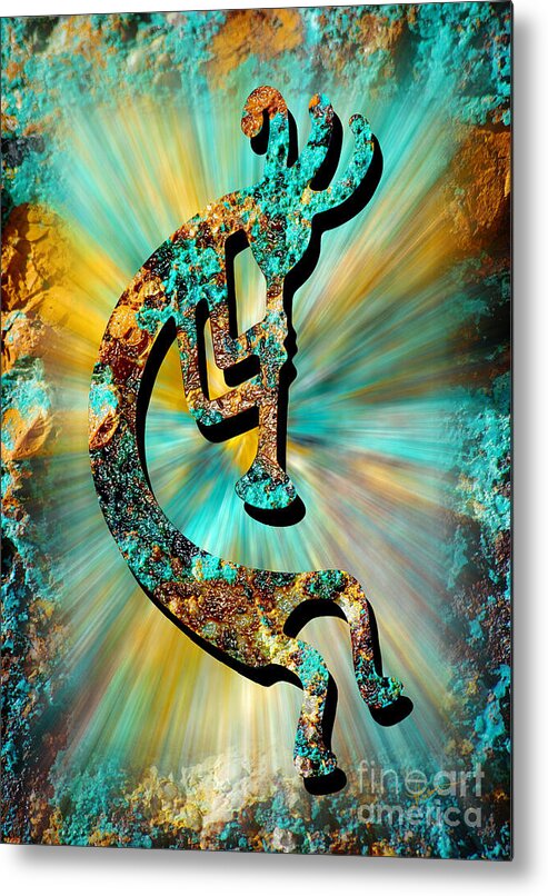 Photography Metal Print featuring the digital art Kokopelli Turquoise and Gold by Vicki Pelham