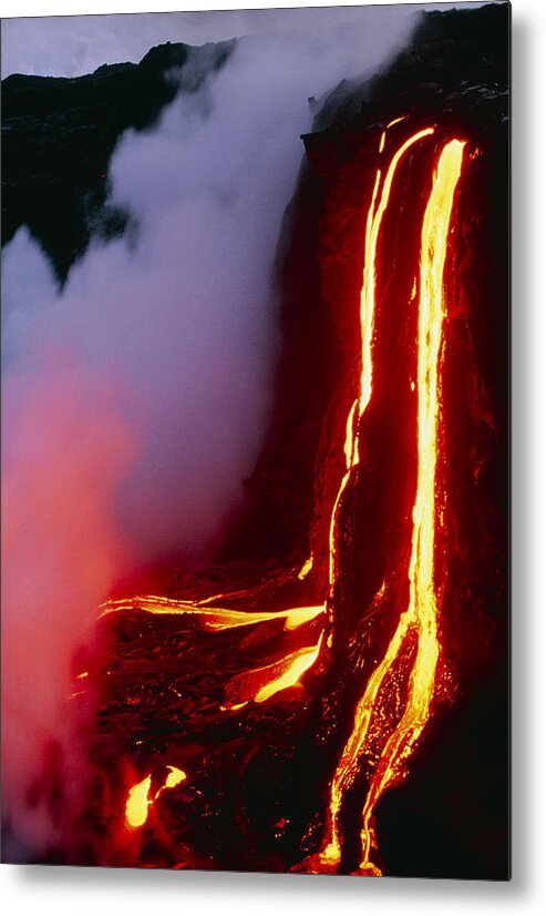 Move Movement Moving Metal Print featuring the photograph Lava Flowing Down Cliff Into The Ocean by G. Brad Lewis
