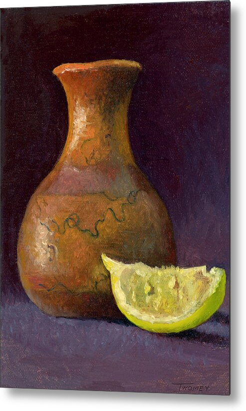 Still Life Metal Print featuring the painting Lemon and Horsehair Vase A First Meeting by Catherine Twomey