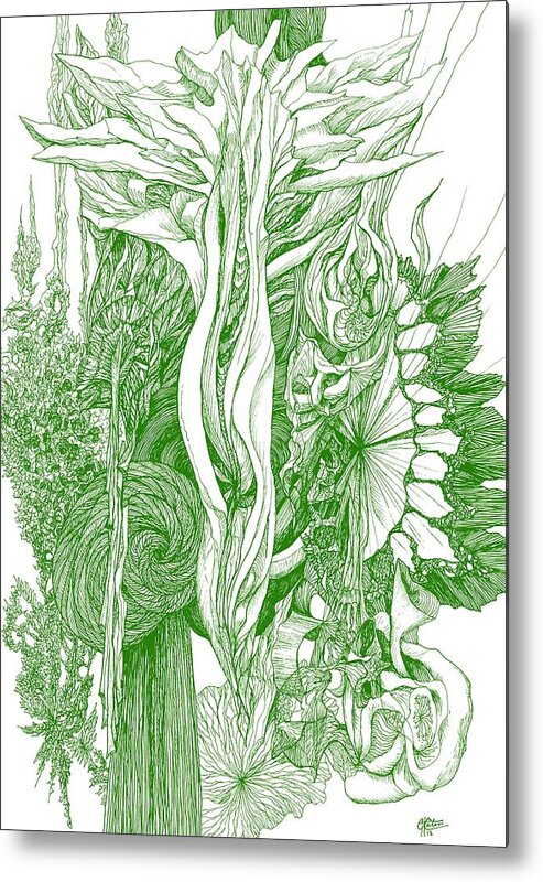 Botanic Botanical Blackandwhite Black And White Zentangle Zen Tangle Abstract Acceptance Circles Comfort Comforting Detailed Drawing Dreams Earth Metal Print featuring the painting Life Force - Green by Charles Cater