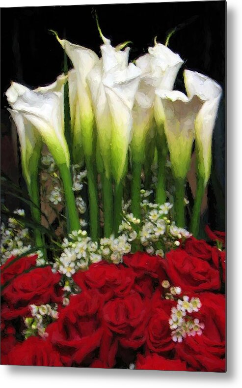 Floral Metal Print featuring the digital art Lilies and Red Roses by Charmaine Zoe