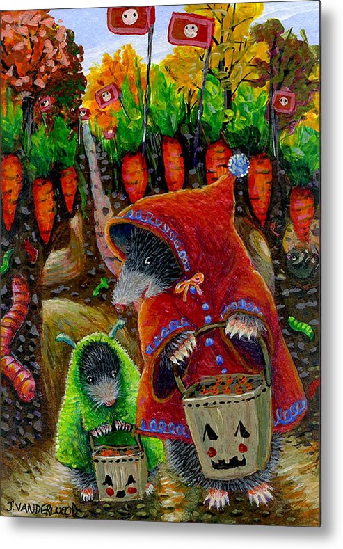Mole Metal Print featuring the painting Little Red Riding Mole and Little Green Monster Mole by Jacquelin L Vanderwood Westerman