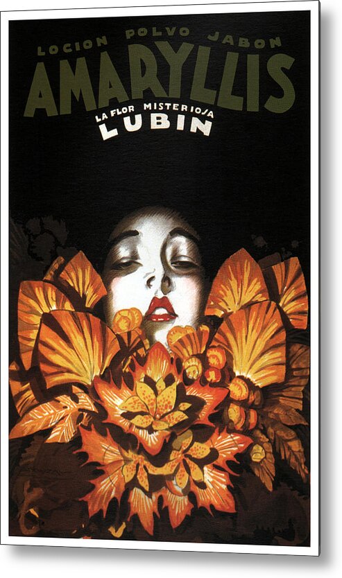 Lubin Flower Metal Print featuring the mixed media Locion Polvo Jabon Amaryllis - Vintage Lotion Advertising Poster by Studio Grafiikka
