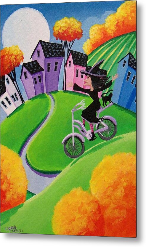 Witch Metal Print featuring the painting Look No Hands  witch cat ridng bike by Debbie Criswell
