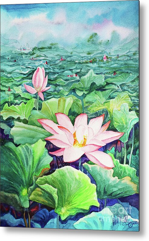 Landscape Metal Print featuring the painting Lotus_01 by Win Min Mg
