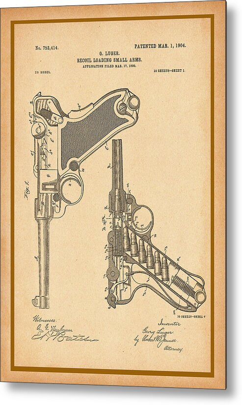 Luger Metal Print featuring the photograph Luger Pistol Patent Drawing by Carlos Diaz