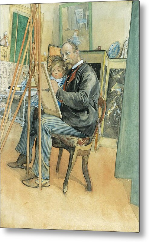 Carl Larsson Metal Print featuring the drawing Mirror-image with Brita by Carl Larsson