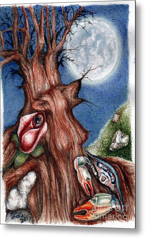 Full Moon; Stone Heart; Oak Tree; Werewolf; Woman; Crab; Rose; Eye; Parakeet   Metal Print featuring the painting Moon Child by Karen Wheeler