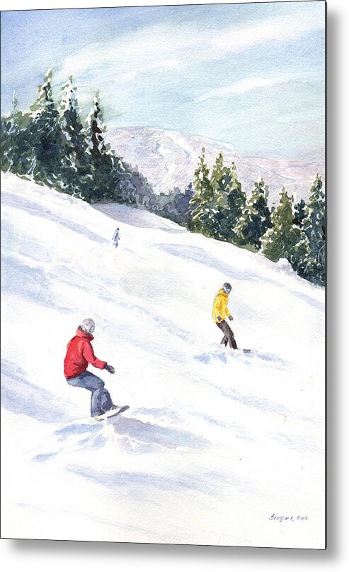 Snowboarding Metal Print featuring the painting Morning on the Mountain by Vikki Bouffard