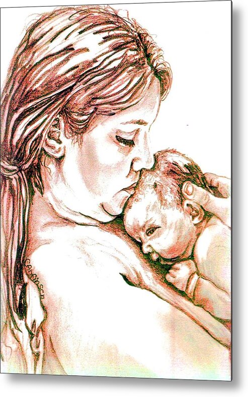 Drawings Metal Print featuring the drawing Mother and Child 1 by Carol Allen Anfinsen