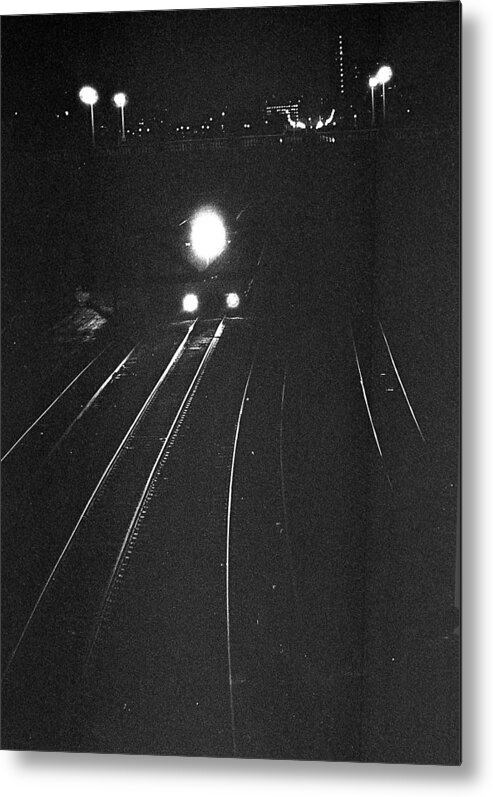 Black/white Metal Print featuring the photograph Night Train by Carol Neal-Chicago