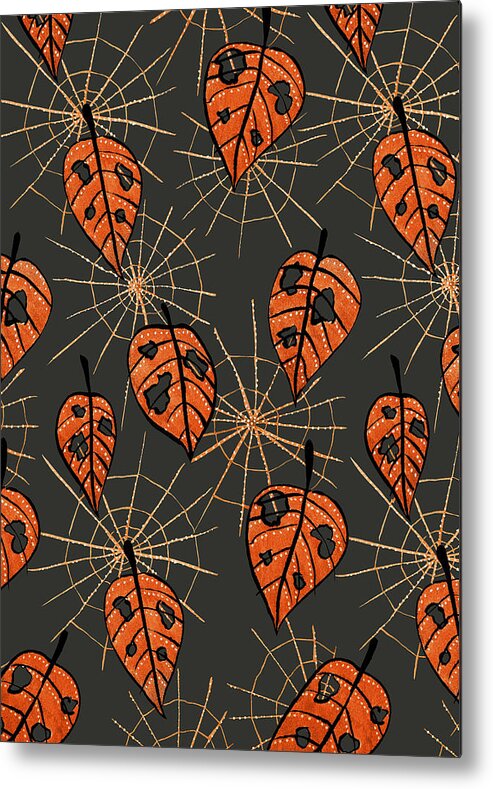 Cobweb Metal Print featuring the drawing Orange Leaves With Holes And Spiderwebs by Boriana Giormova