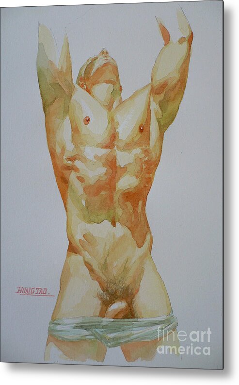 Original Art Metal Print featuring the painting Original Watercolor Painting Art Male Nude Men Gay Interest On Paper #12-30-02 by Hongtao Huang
