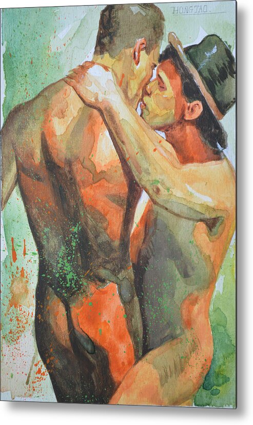 Original Art Metal Print featuring the painting Original Watercolor Painting Drawing Art Male Nude Gay Man On Paper#510-1 by Hongtao Huang