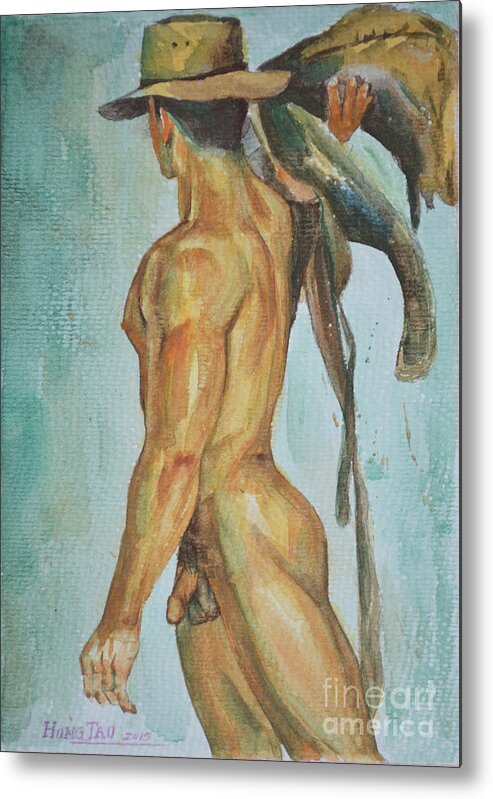Original Art Metal Print featuring the painting Original Watercolor Painting Man Body Art Male Nude Cowboy On Paper -065 by Hongtao Huang