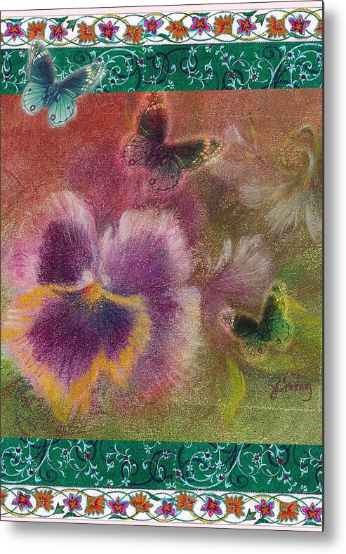 Illustrated Pansy Metal Print featuring the painting Pansy Butterfly Asianesque border by Judith Cheng