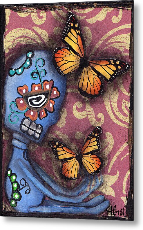 Day Of The Dead Metal Print featuring the painting Playing with Monarchs by Abril Andrade