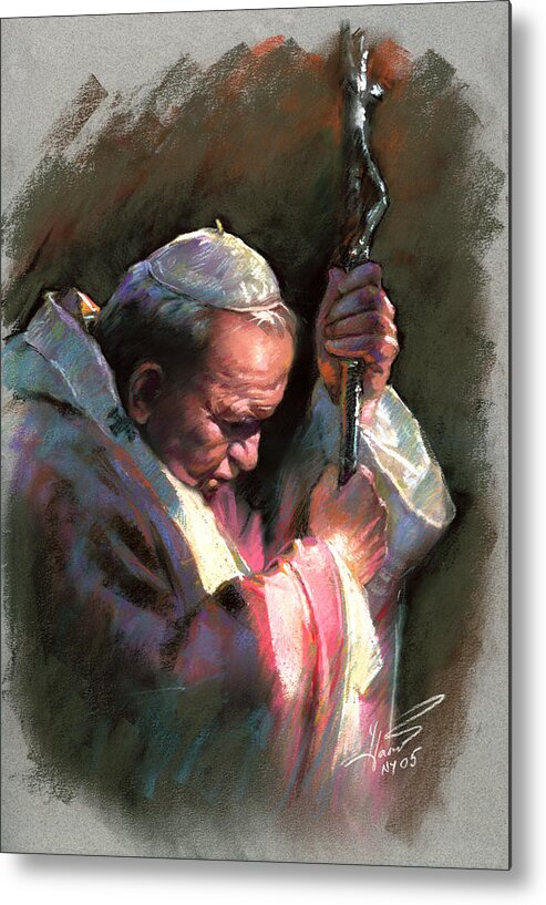 Portrait Metal Print featuring the pastel Pope John Paul II by Ylli Haruni