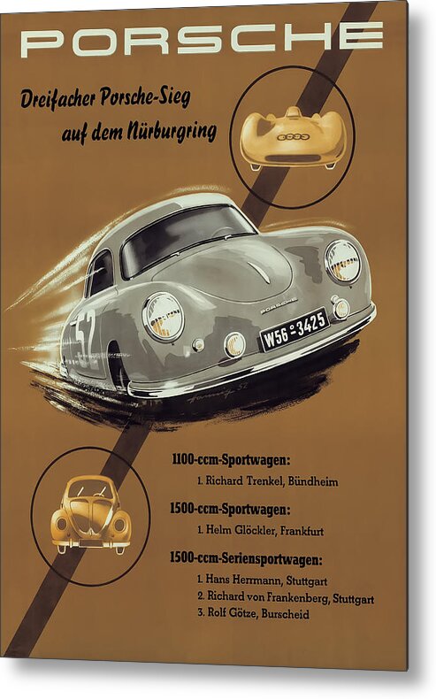 Porsche Metal Print featuring the digital art Porsche Nurburgring 1950s vintage poster by Georgia Fowler