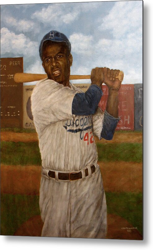 Black Athletes Metal Print featuring the painting Portrait of Jackie Robinson by Sylvia Castellanos
