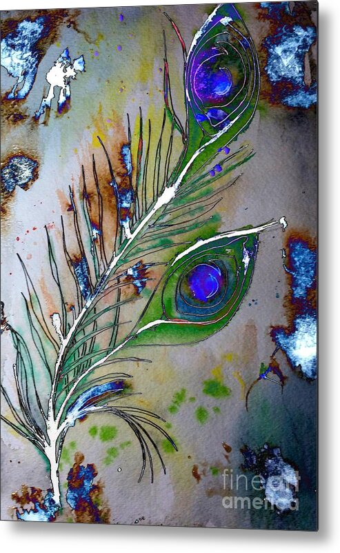 Feather Metal Print featuring the painting Pretty As A Peacock by Denise Tomasura