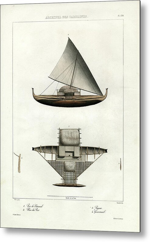Sailboat Metal Print featuring the drawing Proa of Satawal Archipel Des Carolines by Thomas Walsh