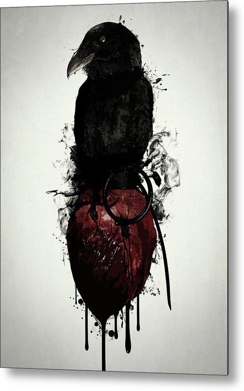 Raven Metal Print featuring the digital art Raven and Heart Grenade by Nicklas Gustafsson