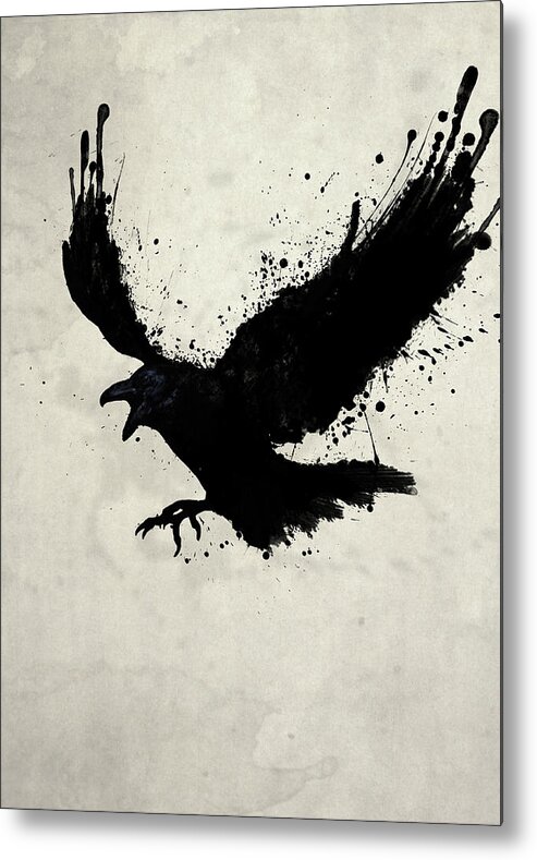 Raven Bird Sketch Spatter Drips Animal Wildlife Crow Hugin Munin Odin Mythological Viking Poe Nevermore Digital Illustration Metal Print featuring the digital art Raven by Nicklas Gustafsson