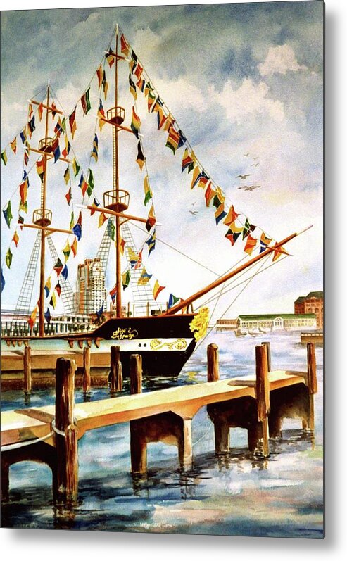 Gasparilla Pirate Ship Jose Gaspar Tampa Florida Parade Watercolor Historical Celebration Metal Print featuring the painting Ready the Celebration by Roxanne Tobaison