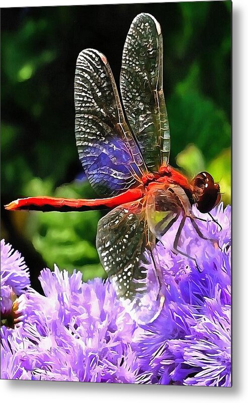 Red Metal Print featuring the painting Red Dragonfly on Violet Purple Flowers by Taiche Acrylic Art
