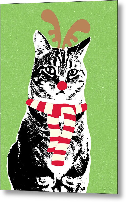 Reindeer Cat Metal Print featuring the mixed media Rudolph The Red Nosed Cat- Art by Linda Woods by Linda Woods