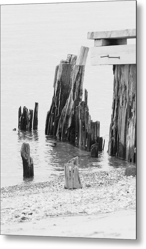 Black White Photo Metal Print featuring the photograph Rustic Pilings in BW by Margie Avellino