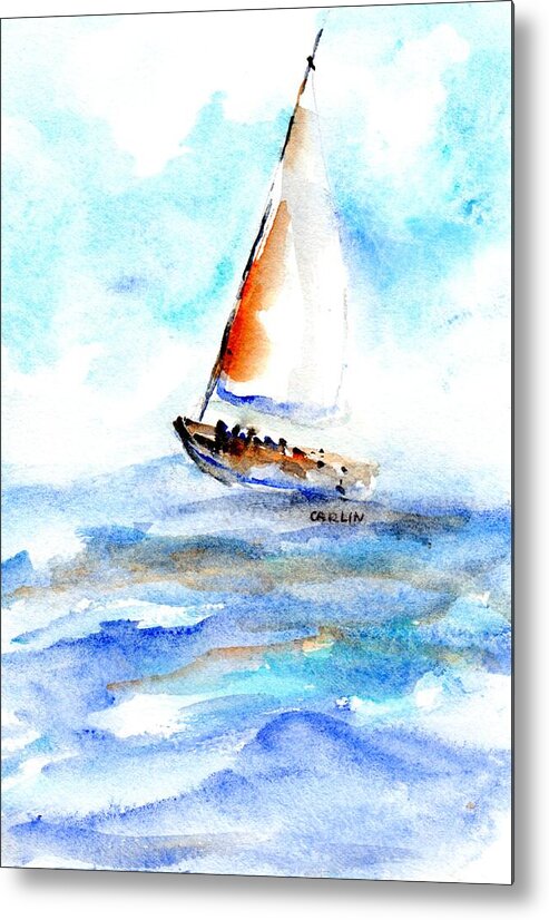 Sailboat Metal Print featuring the painting Sailing Out Sailboat Watercolor by Carlin Blahnik CarlinArtWatercolor