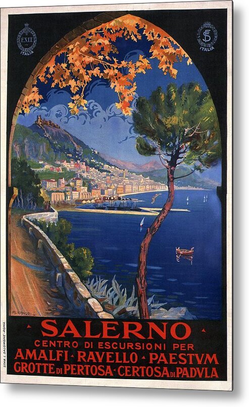 Salerno Metal Print featuring the mixed media Salerno - Centro Di Escursioni Per Amalfi - Ravello - Paestvm - Retro travel Poster - Vintage Poster by Studio Grafiikka