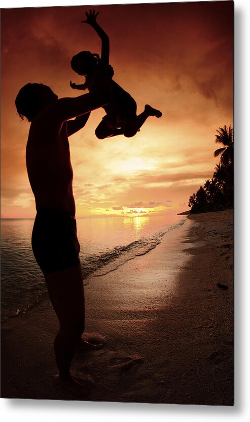 Active Metal Print featuring the photograph Silhouette Family Of Child Hold On Father Hand by Anek Suwannaphoom