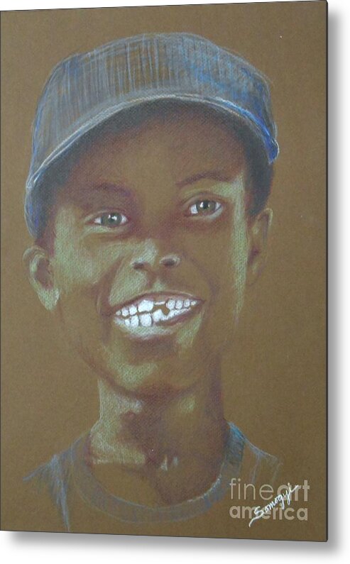 Big Grin Metal Print featuring the drawing Small Boy, Big Grin -- Retro Portrait of Black Boy by Jayne Somogy