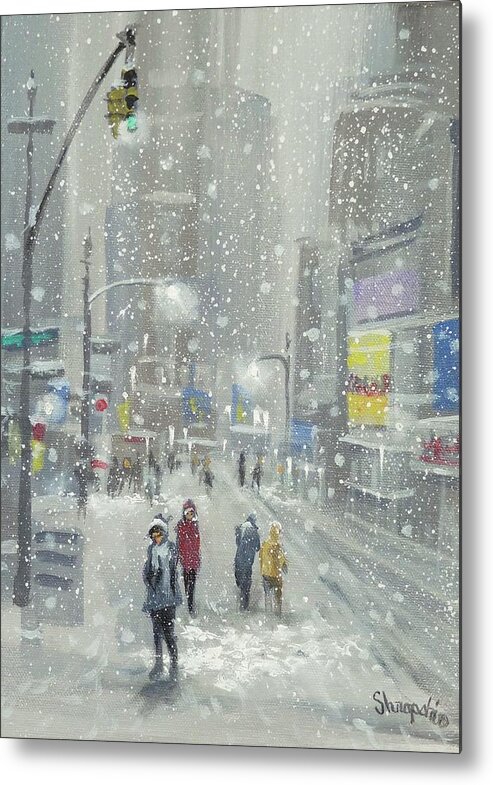 Falling Snow; New York; City Lights; Holiday Shoppers; Tom Shropshire Painting; Snowy Day; Cityscape; Urban Landscape; City Snow Metal Print featuring the painting Snowy Day by Tom Shropshire