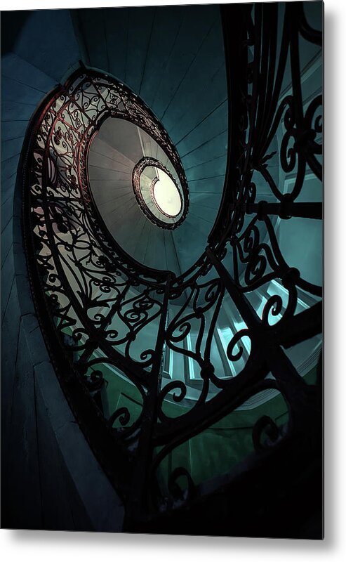 Architecture Metal Print featuring the photograph Spiral ornamented staircase in blue and green tones by Jaroslaw Blaminsky