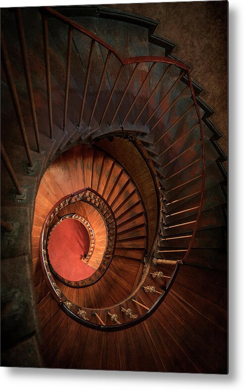 Architecture Metal Print featuring the photograph Spiral staircase in red and orange colors by Jaroslaw Blaminsky