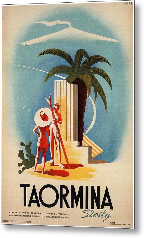 Taormina Metal Print featuring the mixed media Taormina, Sicily, Italy - Couples - Retro travel Poster - Vintage Poster by Studio Grafiikka