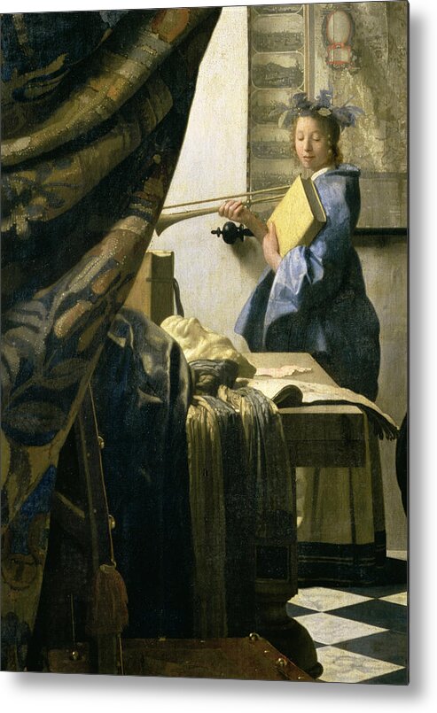 The Metal Print featuring the painting The Artists Studio by Jan Vermeer