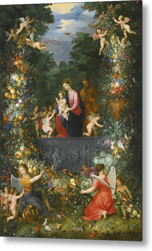 Jan Brueghel The Younger Metal Print featuring the painting The Holy Family Within a Garland of Fruit, Flowers and Vegetables Held by Angels by Hendrick van Balen
