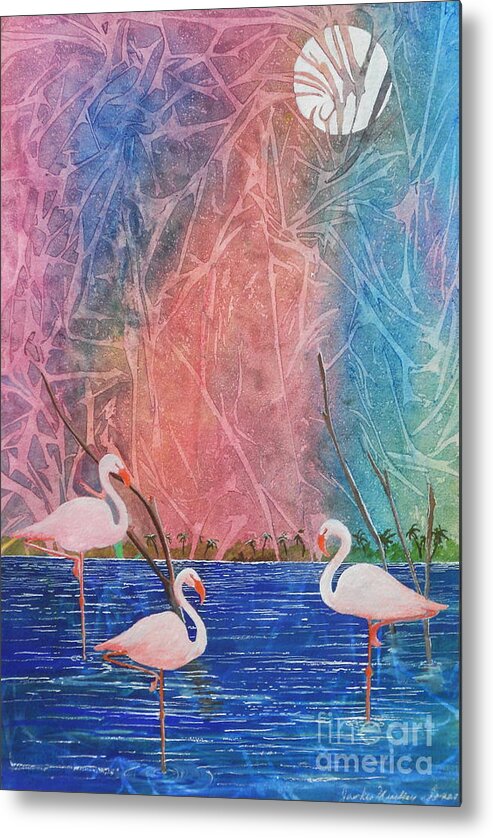 Flamingos Metal Print featuring the painting Three Pink Flamingos by Jackie Mueller-Jones