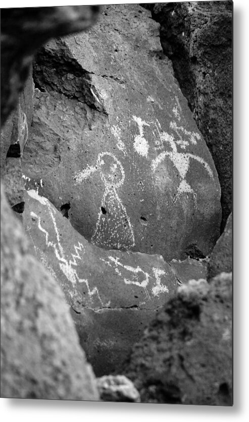 Petroglyphs Metal Print featuring the photograph Thunderbird with Girl in Calico Dress b/w by Glory Ann Penington