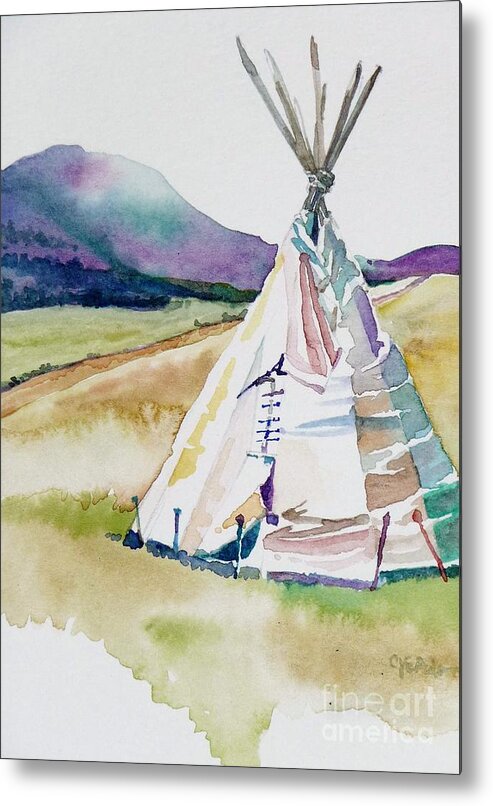 Watercolor Tipi Teepee Plains Ranch Westcliffe Colorado Camping Music Meadows Metal Print featuring the painting Tipi at Music Meadows by Cheryl Emerson Adams